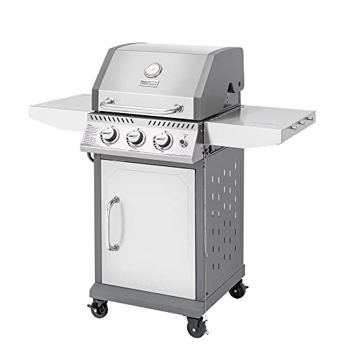 Royal Gourmet GG3001S Stainless Steel 3-Burner Propane Gas Grill, 25,500 BTU Cabinet Style BBQ Gas Grill with Side Tables, Outdoor Cooking Patio Garden Barbecue, Silver