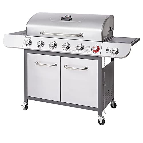 Royal Gourmet US-SG6002R 6 BBQ Liquid Propane Grill with Sear and Side Burners, 71,000 BTU Cabinet Style Stainless Steel Gas Griller, Silver