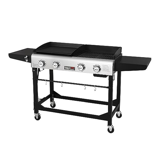 Royal Gourmet GD401 Portable Propane Gas Grill and Griddle Combo with Side Table | 4-Burner, Folding Legs,Versatile, Outdoor | Black 66 Inch