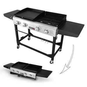 Royal Gourmet GD401C 4-Burner Flat Top Gas Grill Griddle Combo with Cover, Portable for outdoor cooking with Folding legs While Camping or Tailgating, Black & Silver