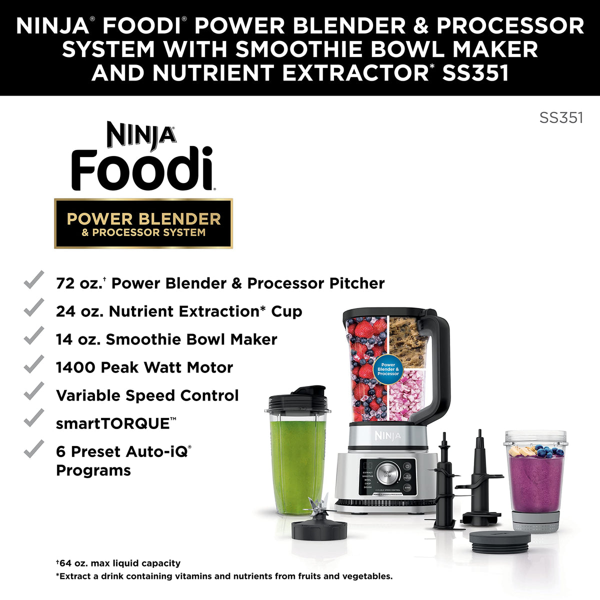 Ninja SS351 Foodi Power Blender & Processor System 1400 WP Smoothie Bo ...