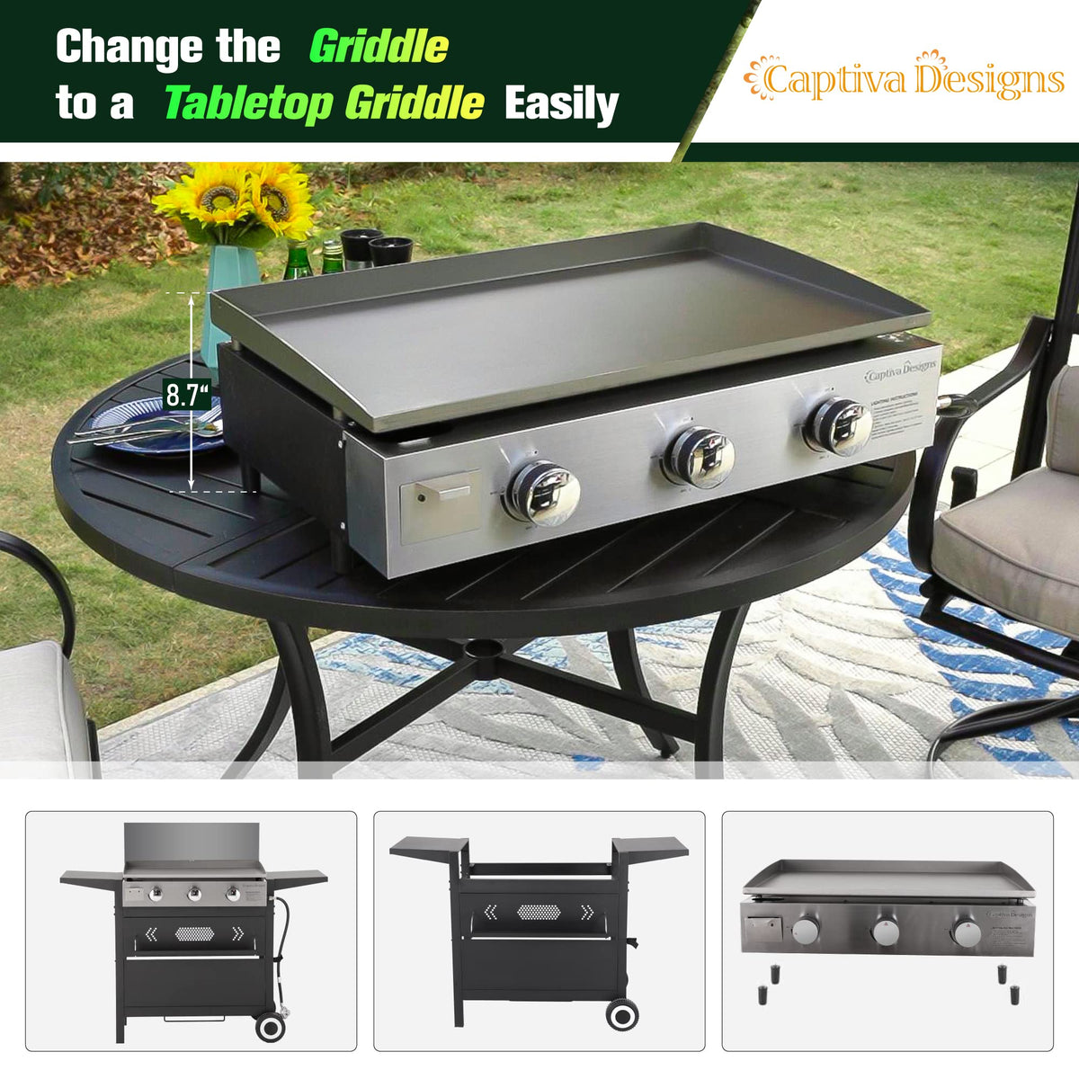 Captiva Designs Flat Top Gas Griddle Grill with Lid, 3Burner Propane